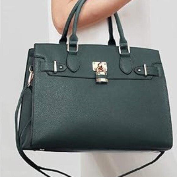 Neiman Marcus Dasein Women Dark Green Vegan Leather Lock Style Top Handle Bag - Picture 3 of 4